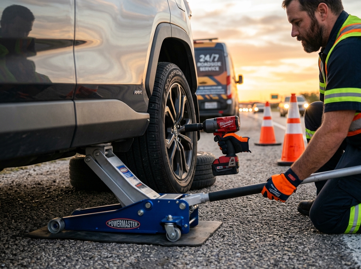 Low-Profile Hydraulic Jack Tire Change on Highway Shoulder